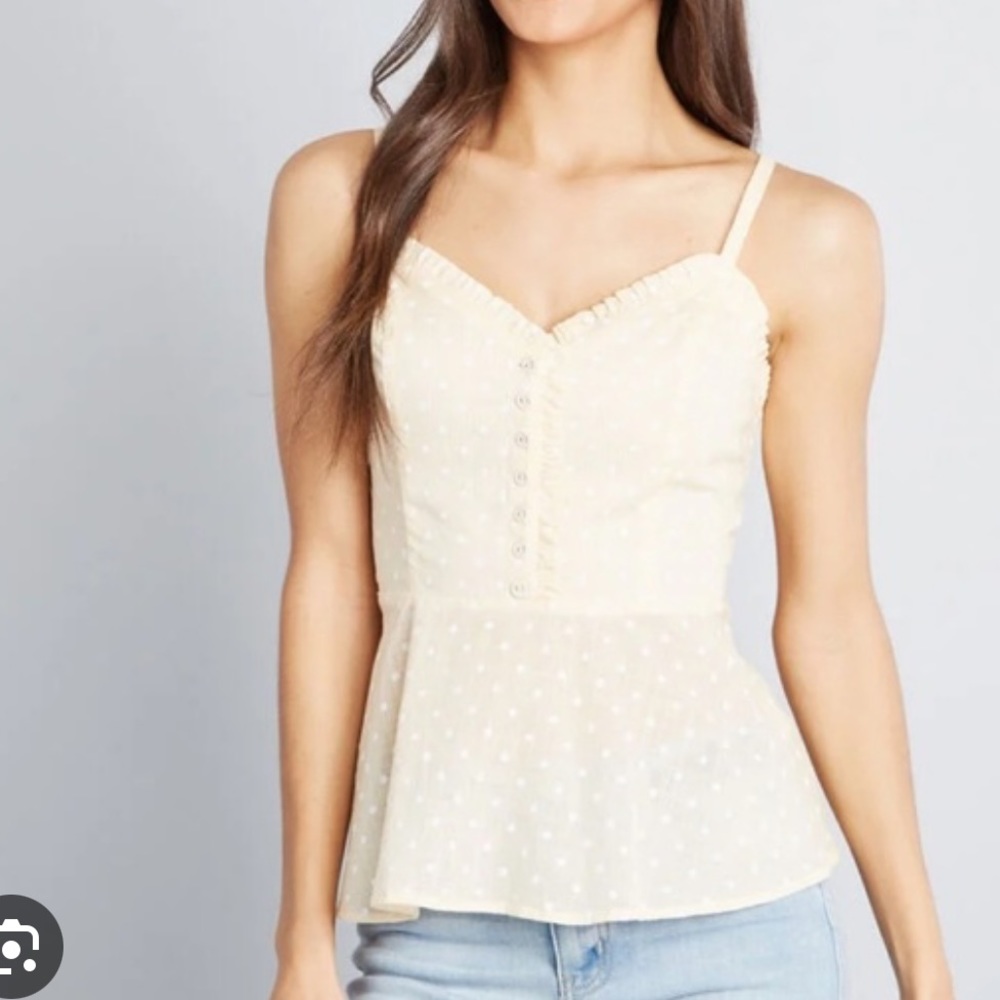 ModCloth Yellow and White Stripe Peplum Tank with Polka Dots